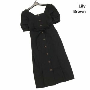 未使用★ Lily Brown リリーブラウン スリーブデザイン ウエストリボン リネン風 前開き 半袖 ワンピース Sz.F　レディース　K4T00578_5#M