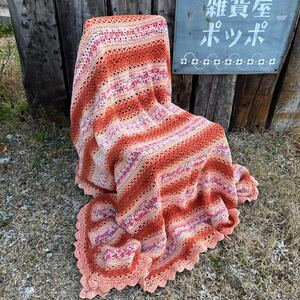 【USA vintage】Granny Blanket brown × pink border グラニーブランケット　茶×ピンク　ボーダー　アメリカ　ビンテージ