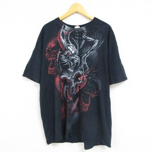 XL/古着 半袖 Tシャツ メンズ 龍 スカル 大きいサイズ コットン クルーネック 黒 ブラック 23jun22 中古