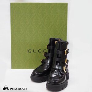 GUCCI グッチ レザー ベルト ショート ブーツ 36 1/2 ブラック ケース付 [70399]