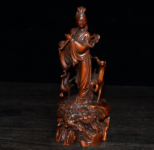 ▽鴻▽ 黄楊木製 細密彫 仙鶴美女 置物 古賞物 中国古玩 中国古美術