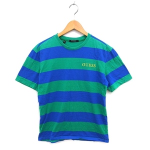 ゲス GUESS カットソー Tシャツ クルーネック ロゴ プリント ボーダー コットン 綿 半袖 S 緑 グリーン 青 ブルー /NT12 レディース