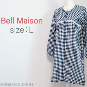 【送料無料】Bell Maison(ベルメゾン)レース　ウエストマーク　長袖ワンピース　ひざ丈　ギンガムチェック