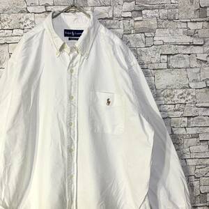 Ralph Lauren ラルフローレン ポケット付き長袖シャツ ロゴ刺繍ボタンダウンコットンシャツ CLASSIC FIT ホワイト XL