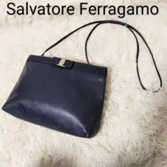 ♯345美品Ferragamoフェラガモヴァラリボンレザーショルダーバッグ 紺色