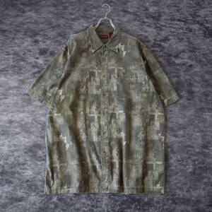 S228 COVINTON Atomic Pattern Cotton ALOHA Shirt アトミック柄 幾何学模様 ボタニカル コットン 半袖 アロハシャツ カーキ XL