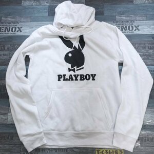 PLAYBOY プレイボーイ メンズ 綿混 ビッグロゴプリント 裏起毛 スウェットパーカー L 白