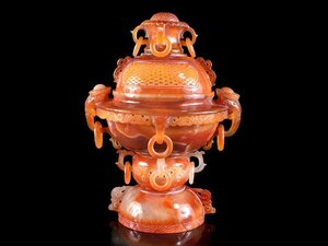 【雲】某寺院買取品 中国古玩 唐物 瑪瑙 透かし彫遊環耳付香炉 高さ25.5cm 古美術品(寿山石翡翠)Y4372 OTDsgtre LTxbgf2