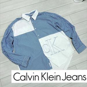 美品■Calvin Klein■ビッグシルエット パッチワーク デカロゴ シャツ M ブルー ホワイト ストライプ オーバーサイズ Calvin Klein Jeans