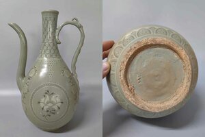 ■観心・時代旧蔵■C12196朝鮮珍品 朝鮮 高麗磁 朝鮮古陶磁器 古高麗 李朝時代 高麗青磁黒白象嵌水注