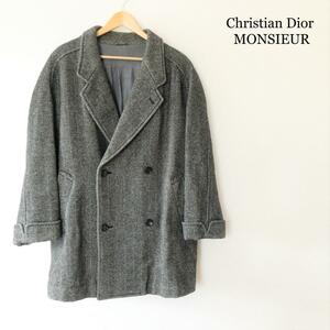 美品 Christian Dior MONSIEUR クリスチャンディオール M ツイード ヘリンボーン ダブルブレスト ロング チェスターコート グレー 灰色