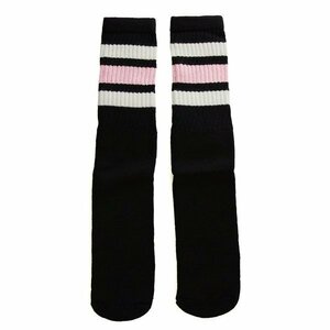 SkaterSocks ロングソックス 靴下 ソックス Mid calf Black tube socks with White-Baby Pink stripes style 1 (19インチ)