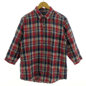 タケオキクチ TAKEO KIKUCHI シャツ 七分袖 リネン100％ チェック レッド 赤 ネイビー 紺 ブルー 青 黄色 ライトベージュ系 4