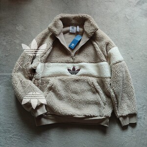 新品 正規品 adidas originals アディダス オリジナルス ボアジャケット 緑 グリーン ベージュ 茶 白 三つ葉 ロゴ 刺繍 厚手 L