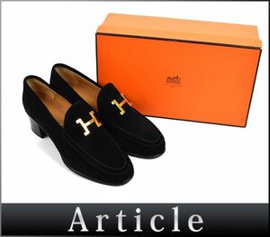 178649□ HERMES エルメス コンスタンス ローファー パンプス チャンキーヒール 靴 37 24cm スエード ブラック 黒 レディース 箱付/ F