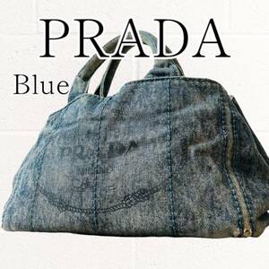 【良品】PRADA(プラダ)デニム ハンドバッグ トート カナパM 三角ロゴ 青 ブルー