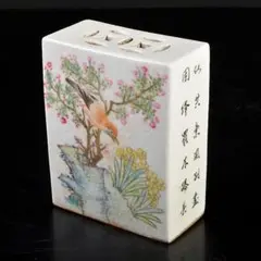 中国　粉砕　漢詩花鳥文　香炉　陶枕　C　6703E