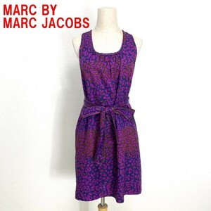 A3311 マークバイマークジェイコブス ひざ丈ワンピース MARC BY MARC JACOBS ノースリーブ 総柄 ヒョウ柄シルク 紫 XS