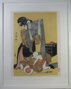 *【復刻木版浮世絵】喜多川歌麿『針仕事（左）』額装済