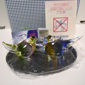 ガラス製 台付 コマドリ ペアおきものマルティグラス MultiGlass かわいい 綺麗　キレイ 透明 インテリア 小 10×5×7cm 大 11×6×8.5cm