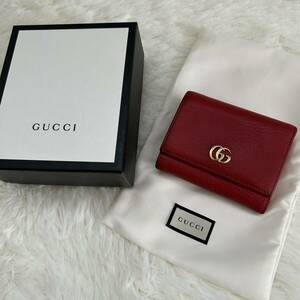 1円スタート　GUCCI グッチGG マーモント 474746 534563レザー　レッド 赤 三つ折り　財布　メンズ レディース 小銭入れ　ブランド