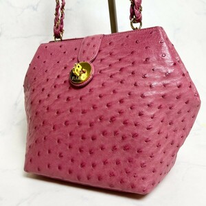 【極希少】 BALLY バリー オーストリッチ 駝鳥革 本革 レザー チェーン B 金具 二層式 二室式 ターンロック ハンドバッグ ピンク