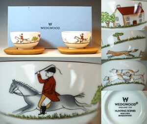 ■壱■ウェッジウッド WEDGWOOD ハンティングシーン ティーボウル＆茶托 2客set 共箱 希少 未使用保管品■