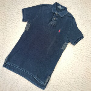 美品 ポロラルフローレン デニムポロシャツ インディゴ パッチワーク メンズS POLO by Ralph Lauren ネイビー 