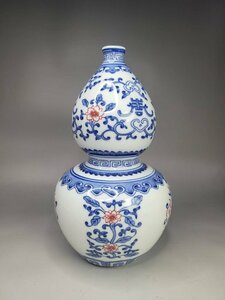 中国 唐物 古瓷 時代物 清代青花紅釉福祿葫蘆瓶