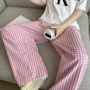 ワイドパンツ チェック柄 デザイン 韓国ファッション レディース XL ブルー