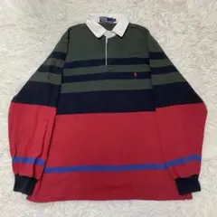 90s ラルフローレン スウェット 肉厚 長袖ポロシャツ 厚手 ボーダー レッド