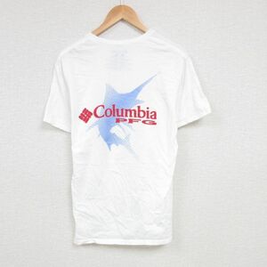 L/古着 コロンビア Columbia 半袖 ブランド Tシャツ メンズ ビッグロゴ PFG カジキ コットン クルーネック 白 ホワイト 23mar25 中古 5OF