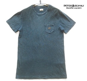 美品!!デニム＆サプライ ラルフローレン DENIM&SUPPLY RALPH LAUREN*胸ポケット付き インディゴ染めTシャツ XS 実寸S 紺 ネイビー