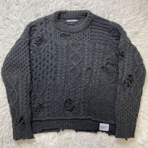 NEIGHBORHOOD 23aw PATCHWORK SAVAGE SWEATER L ネイバーフッド サベージ ケーブルニット セーター ダメージ加工 チャコールグレー ウール