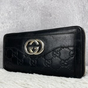 美品 GUCCI グッチ 長財布 小銭入れ コインケース 札入れ カード 財布 Wallet シマレザー GG ラウンドファスナー インターロッキング 黒 