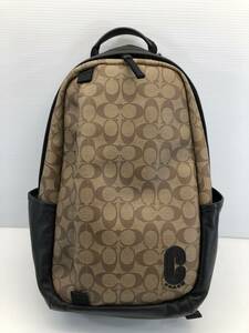 □COACH コーチ メンズリュック 89922 コーティングキャンバス スムースカーフレザー シグネチャー ロゴ パッチ バックパック USED□