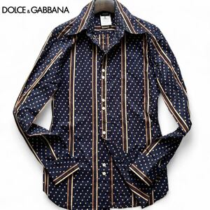 極美品/L相当◎ドルチェ&ガッバーナ ドット柄 太ストライプ DOLCE&GABBANA ドルガバ 総柄 長袖 ドレスシャツ スリム ネイビー メンズ 46