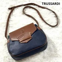 TRUSSARDI トラサルディ ネイビー×ブラウン レザーショルダーバッグ