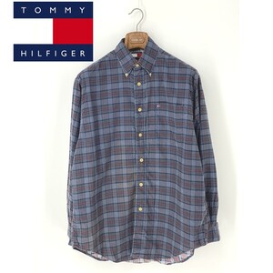 A7923/美品 春夏 TOMMY HILFIGER トミー・ヒルフィガー コットン チェック ボタンダウン 長袖 ワーク カジュアル Yシャツ S 青/メンズ