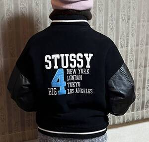 古着　STUSSY ステューシー BIG4 stadium jacket スタジャン USA製 レザー切替 OLD STUSSY ブラック　メンズ　Sサイズ