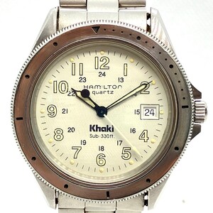 Y016-K44-6324◎ HAMILTON ハミルトン QUARTZ クォーツ Khaki カーキ デイト メンズ腕時計 9859 SS 稼働 ベゼル動作OK