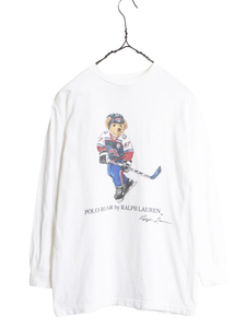 90s ポロベア ポロスポーツ ラルフローレン プリント 長袖 Tシャツ キッズ M メンズ XS レディース S オールド POLO SPORT キャラクター 白