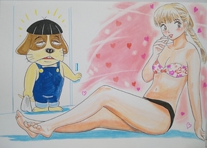 手描きイラスト、水着女性と「あるぷす犬坊」