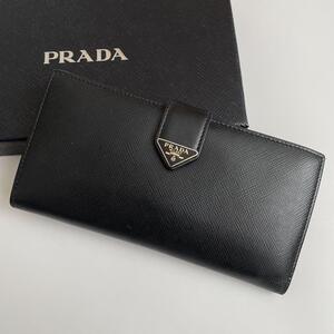 【極美品】PRADA プラダ 長財布 サフィアーノタブ レザー 三角ロゴ トライアングル 黒 ブラック ゴールド金具 SAFFIANO TAB 1MV025