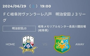 2024/6/29(土)　FC岐阜対ヴァンラーレ八戸　岐阜メモリアルセンター長良川競技場(岐阜)　バックホーム自由席一般1枚　QRコード