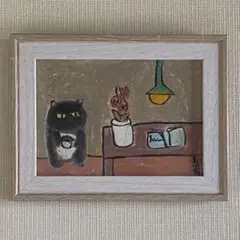 絵画。原画【黒猫はコーヒー、花見、本を読むのが好きです】