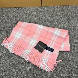 6◎1円スタート◎ BURBERRY バーバリー マフラー ストール フリンジ チェック柄 100%ウール ピンク マルチカラー レディース