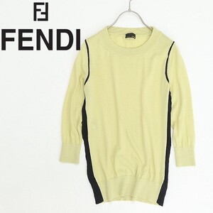 ◆FENDI フェンディ 七分袖 異素材 切替 ニット トップス くすみイエロー×ブラック 36