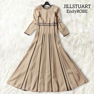 47 【JILLSTUART EndyROBE】 ジルスチュアート ニットワンピース 2 ベージュ グレー Aライン フレア ストレッチ ロング プリーツ 上品 