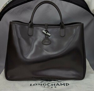 （42）LONGCHAMP ロンシャン カーフレザー ダークブラウン トートバッグ ハンドバッグ 中古美品 made in France フランス製 塗装劣化